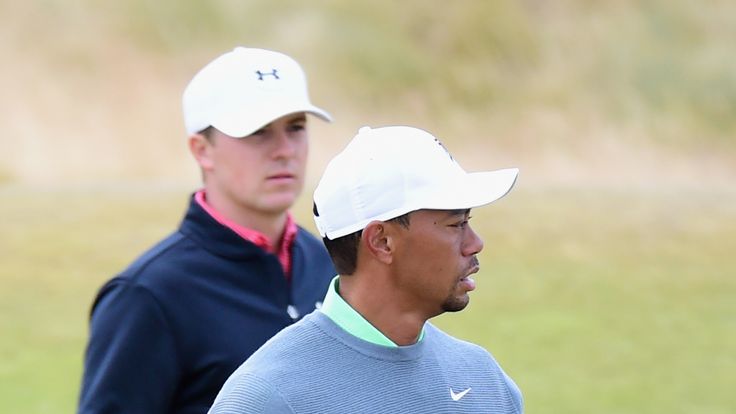UNIVERSITY PLACE, WA - JUNE 16:  (L-R) Jordan Spieth of the United States and Tiger Woods of the United States walk across a green during a practice round 