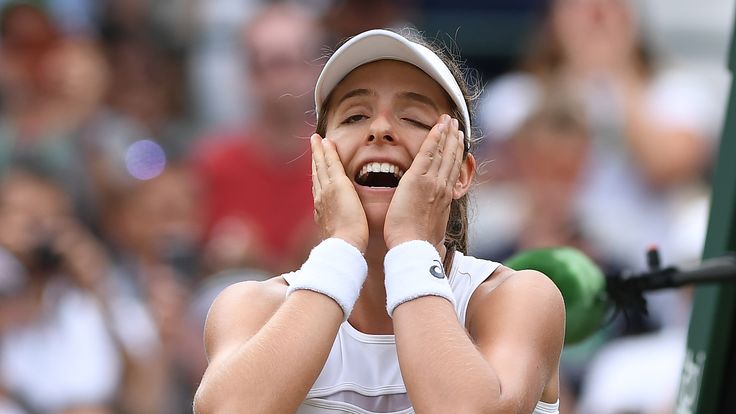 Britain's Johanna Konta reacts after winning against France's Caroline Garcia during their women's singles fourth round match