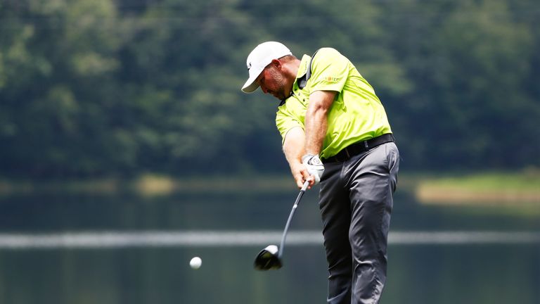 Chad Collins drives off the 18th tee during his second round 60 at the  Barbasol Championship in Alabama