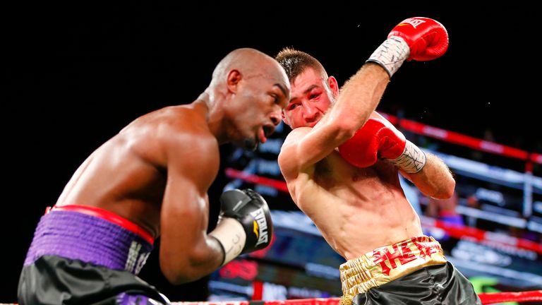 NEW YORK, NY - JANUARY 09: Chris Van Heerden, right, connects a right hand punch to the face of Cecil McCalla as they fight for the vacant IBF Internationa