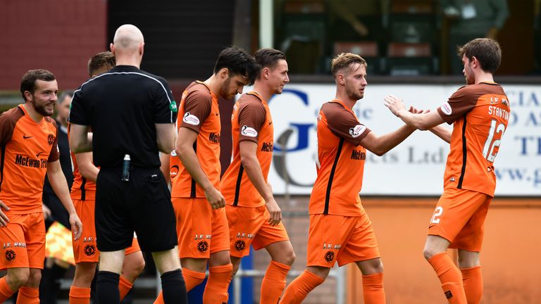 Dundee United players celebrate their second goal against Cowdenbeath on Sunday