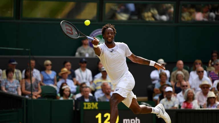 LONDON, ENGLAND - JULY 06:  Gael Monfils of France plays a forehand during the Gentlemen's Singles second round match against Kyle Edmund of Great Britain 