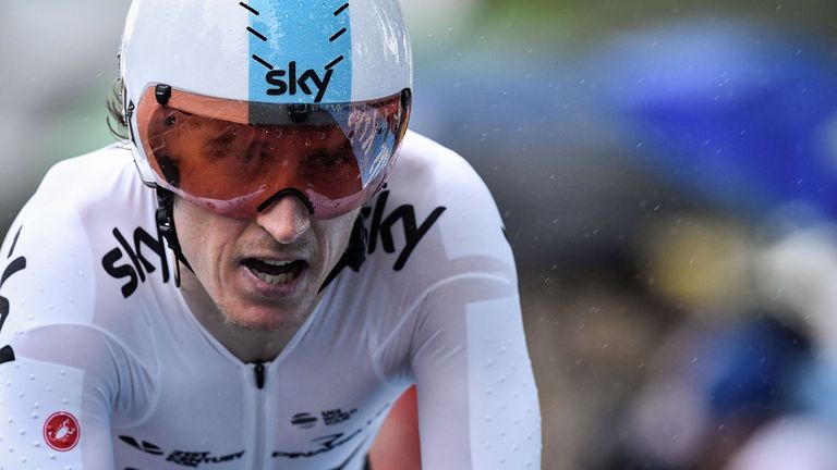 Great Britain's Geraint Thomas reacts as he crosses the finish line during a 14 km individual time-trial, the first stage of the 104th edition of the Tour 