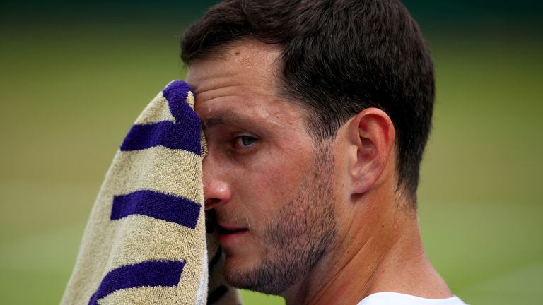LONDON, ENGLAND - JULY 04:  James Ward of Great Britain looks on between sets during the Gentlemen's Singles first round match against Marcos Baghadatis of