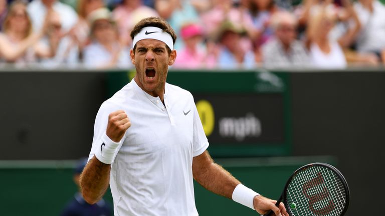 LONDON, ENGLAND - JULY 04:  Juan Martin Del Potro of Argentina celebrates victory after his Gentlemen's Singles first roud match against Thanasi Kokkinakis