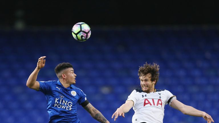 Josh Gordon of Leicester and Filip Lesniak of Tottenham during the Premier League 2 match at White Hart Lane in May 2017