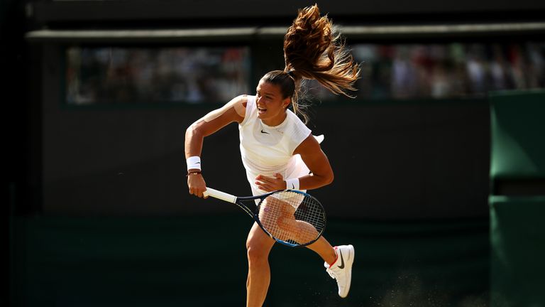 LONDON, ENGLAND - JULY 07:  Maria Sakkari of Greece serves during the Ladies Singles third round match against Johanna Konta of Great Britain on day five o
