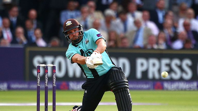 LONDON, ENGLAND - JULY 21: Aaron Finch of Surrey hits out during the NatWest T20 Blast match between Middlesex and Surrey at Lord's Cricket Ground on July 