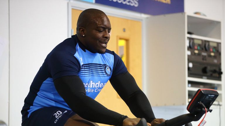 HIGH WYCOMBE, ENGLAND - JANUARY 26:  Adebayo Akinfenwa of Wycombe Wanderers in the gym during Wycombe Wanderers Media Access at the Wycombe Wanderers FC Tr