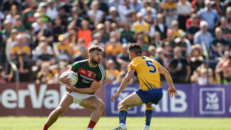 Aidan O'Shea of Mayo in action against Cian O'Dea of Clare during the GAA Football All-Ireland Senior Championship Round 3A match