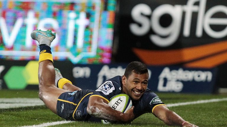 Aidan Toua of the Brumbies scores a try during the round 14 Super Rugby match between the Brumbies and the Sunwolves