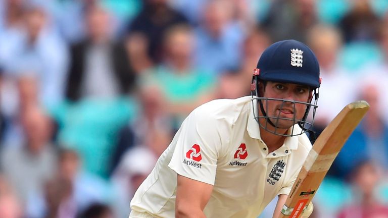 England's Alastair Cook plays a shot on the first day of the third Test match between England and South Africa at The Oval cricket ground in London on July