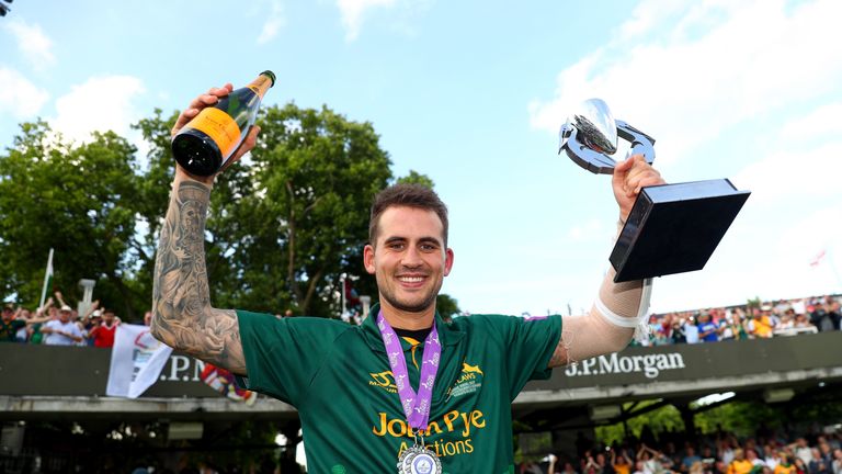 Alex Hales lifts the Royal London One-Day Cup after his match-winning knock of 187no