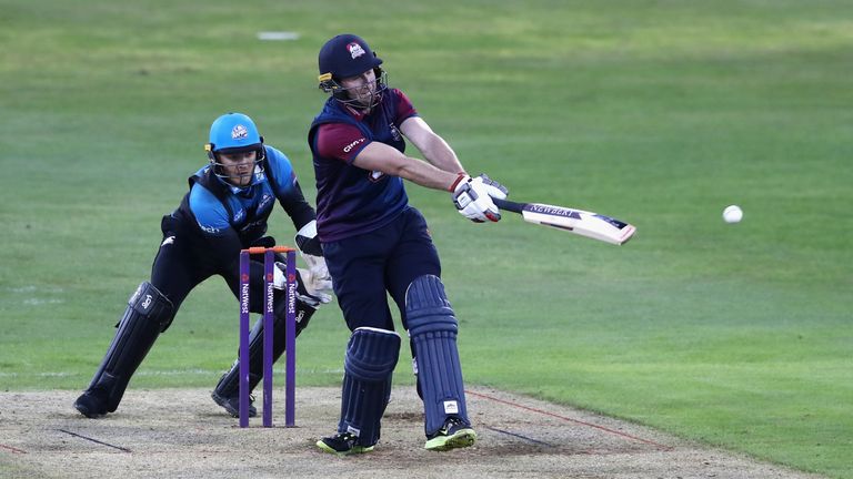 Alex Wakely hits a six during the NatWest T20 Blast match between Northamptonshire Steelbacks and Worcestershire