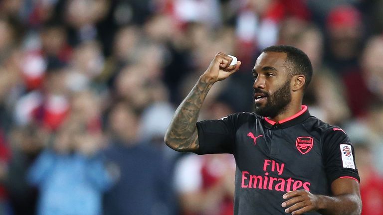 Alexandre Lacazette celebrates scoring on his first Arsenal appearance during a pre-season friendly against Sydney