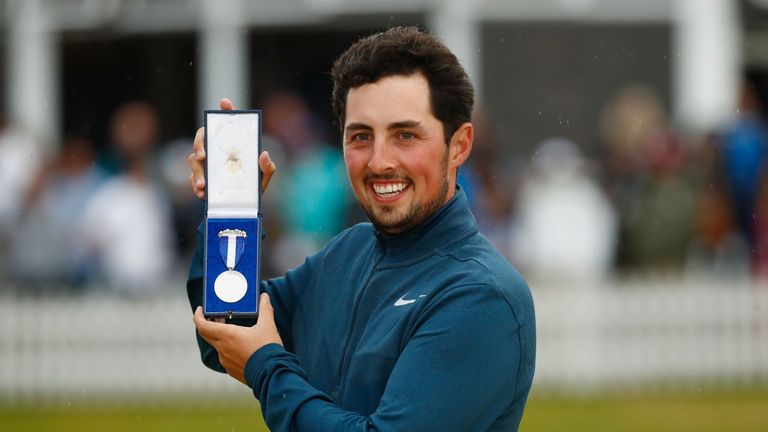 SOUTHPORT, ENGLAND - JULY 23:  Amateur Alfie Plant of England holds the Silver Medal awarded to highest placed amateur on the 18th green during the final r