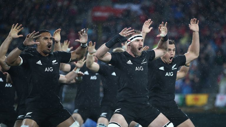 WELLINGTON, NEW ZEALAND - JULY 01:  The All Blacks perform the haka during the International Test match between the New Zealand All Blacks and the British 