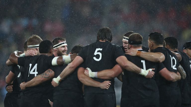 WELLINGTON, NEW ZEALAND - JULY 01:  The All Blacks regroup during the International Test match between the New Zealand All Blacks and the British & Irish L