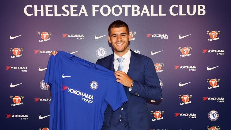New Signing Alvaro Morata poses at Chelsea Training Ground on July 21, 2017