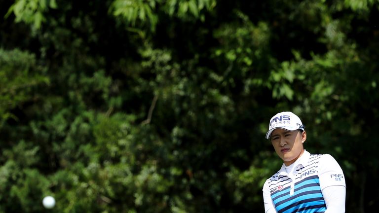 Amy Yang of Korea chips her shot onto the third green during the U.S. Women's Open round three