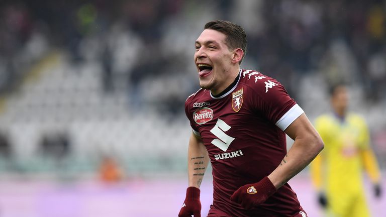 TURIN, ITALY - FEBRUARY 12:  Andrea Belotti of FC Torino celebrates a goal during the Serie A match between FC Torino and Pescara Calcio at Stadio Olimpico
