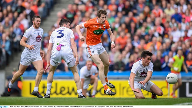 Andrew Murnin of Armagh shoots to score his side's first goal during the GAA Football All-Ireland Senior Championship Round 4B match