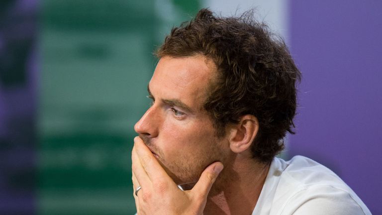 Britain's Andy Murray attends a press conference at The All England Tennis Club in Wimbledon, southwest London, on July 12, 2017, after losing his men's qu