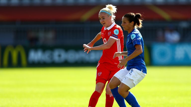 Daniela Stracchi (right) of Italy and Anna Cholovyaga of Russia compete for the ball during the Group B match