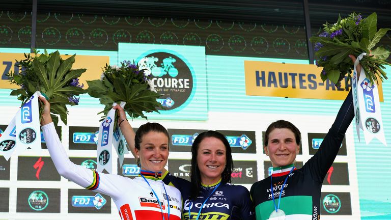 Annemiek Van Vleuten (centre) triumphed from Lizzie Deignan (left) and Elisa Longo Borghini (right)