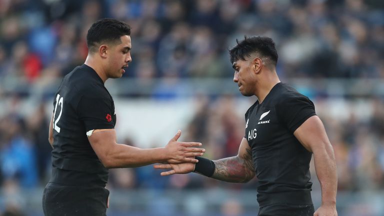 ROME, ITALY - NOVEMBER 12 2016:  Anton Lienert-Brown of the New Zealand All Blacks (L) congratulates Malakai Fekitoa (R) on his try