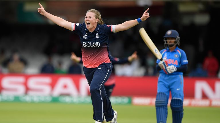 England bowler Anya Shrubsole celebrates after bowling Smrtri Mandhana during the ICC Women's World Cup 2017 Final v INDIA