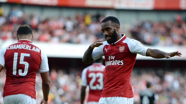 Arsenal's French striker Alexandre Lacazette celebrates his first goal at the Emirates.