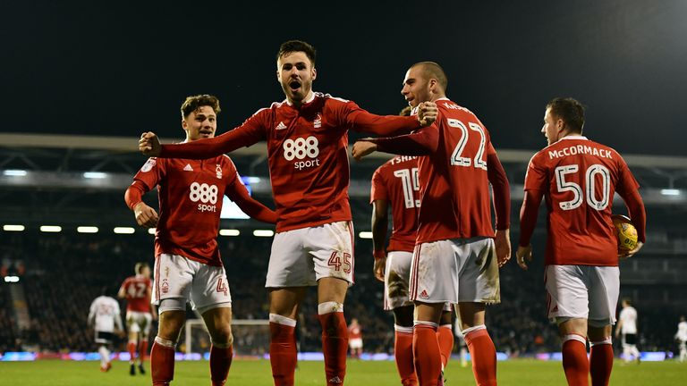 LONDON, ENGLAND - FEBRUARY 14:  Ben Brereton of Nottingham Forest (2L) celebrates scoring his side's second goal during the Sky Bet Championship match betw