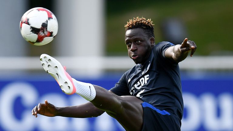 France's defender Benjamin Mendy kicks the ball during a training session in Clairefontaine-en-Yvelines on June 5, 2017 as part of the team's preparation f