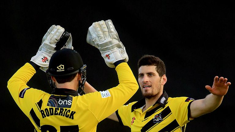 CHELMSFORD, ENGLAND - JUNE 16:  Benny Howell of Gloucestershire celebrates a wicket during the NatWest T20 Blast match between Essex and Gloucestershire at