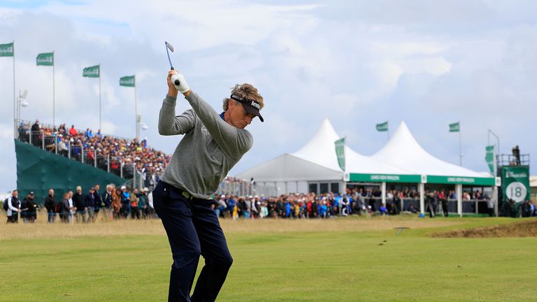 BRIDGEND, WALES - JULY 30:  Bernhard Langer of Germany in action during the final round of the Senior Open Championship at Royal Porthcawl Golf Club on Jul