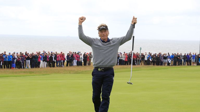 BRIDGEND, WALES - JULY 30:  Bernhard Langer of Germany in action during the final round of the Senior Open Championship at Royal Porthcawl Golf Club on Jul