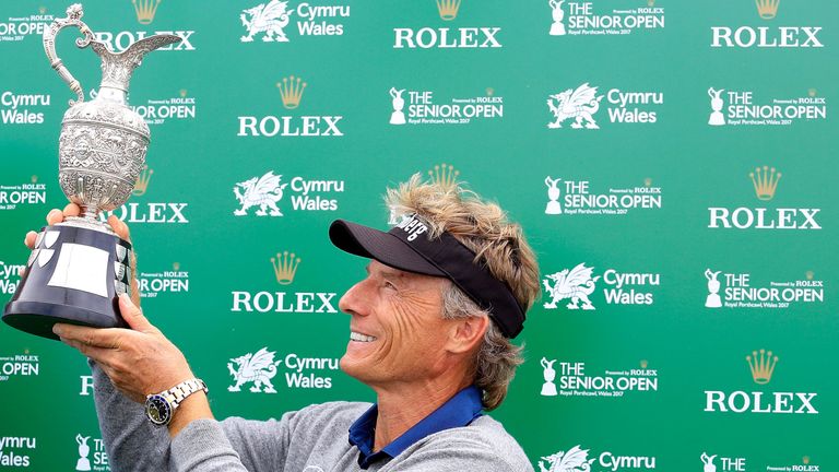 BRIDGEND, WALES - JULY 30:  Bernhard Langer of Germany poses with the trophy after the final round of the Senior Open Championship at Royal Porthcawl Golf 