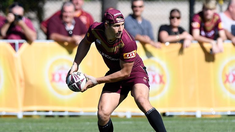 BRISBANE, AUSTRALIA - JULY 09: Billy Slater looks to pass during a Queensland Maroons State of Origin training session at Sanctuary Cove on July 9, 2017 in