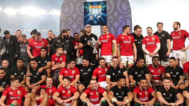 British and Irish Lions and New Zealand All Blacks...s teams on the podium after at the presentation of the series trophy.