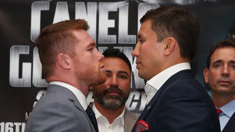 LONDON, ENGLAND - JUNE 19: Canelo Alvarez and Gennady Golovkin go head to head after the Canelo Alvarez vs Gennady Golovkin boxing press conference at the 