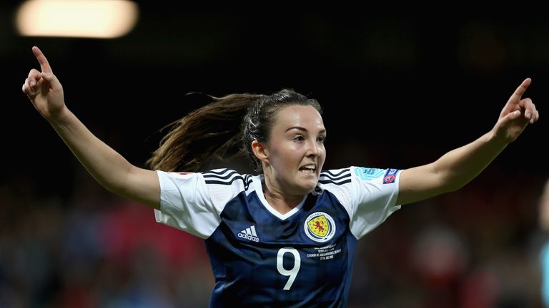 DEVENTER, NETHERLANDS - JULY 27:  Caroline Weir of Scotland celebrates scoring her sides first goal during the Group D match between Scotland and Spain dur