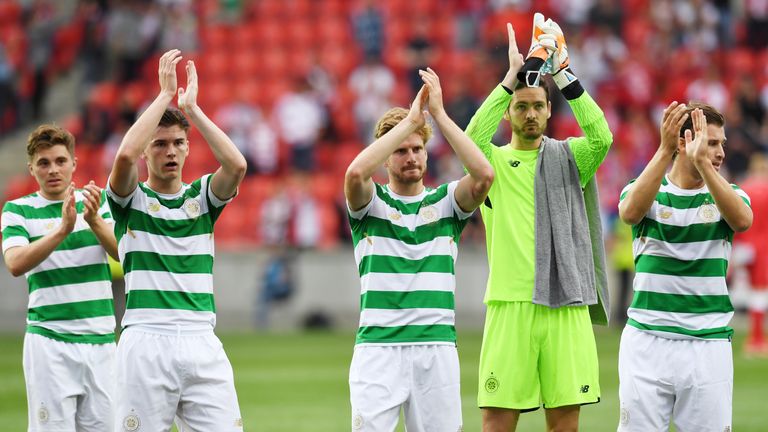 Kieran Tierney, Stuart Armstrong, Craig Gordon and Erik Sviatchenko thank Celtic's fans after the full-time whistle against Sparta Prague
