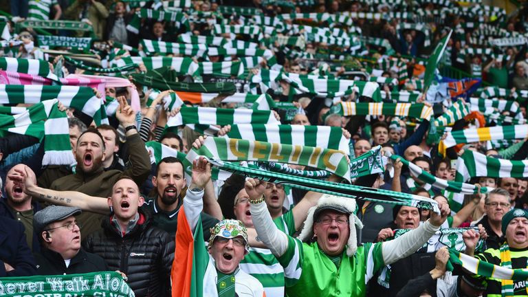 GLASGOW, SCOTLAND - MARCH 12: Celtic fans show their surport for their team during the Ladbrokes Scottish Premiership match between Celtic and Rangers at C