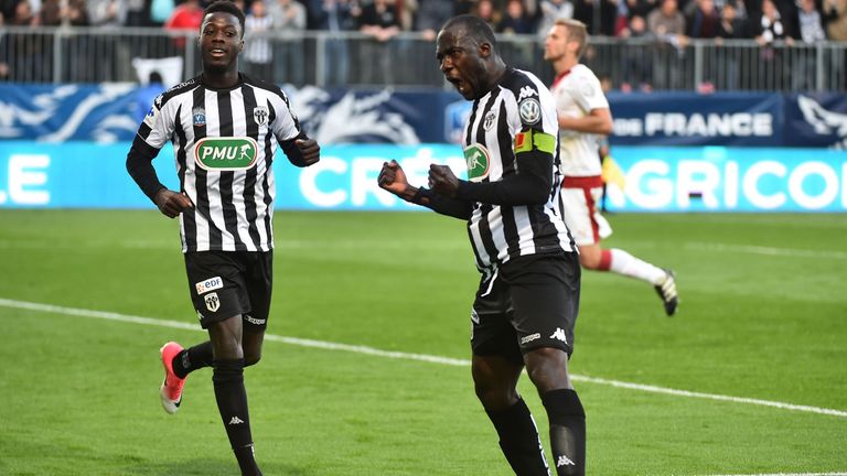 Cheikh N'Doye (right) celebrates after scoring for Angers in French Cup against Bordeaux