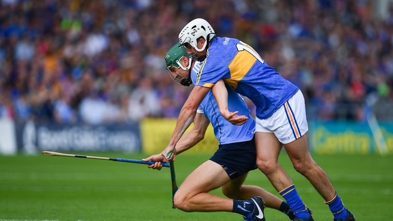 Chris Crummey of Dublin in action against Patrick Maher of Tipperary during the GAA Hurling All-Ireland Senior Championship Round 2 match 