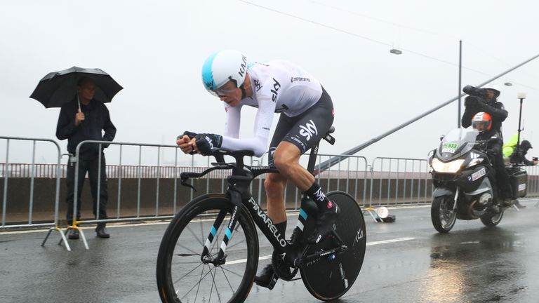 DUESSELDORF, GERMANY - JULY 01: Chris Froome of Great Britain and Team Sky competes during stage one of  Le Tour de France 2017, a 14km individual time tri