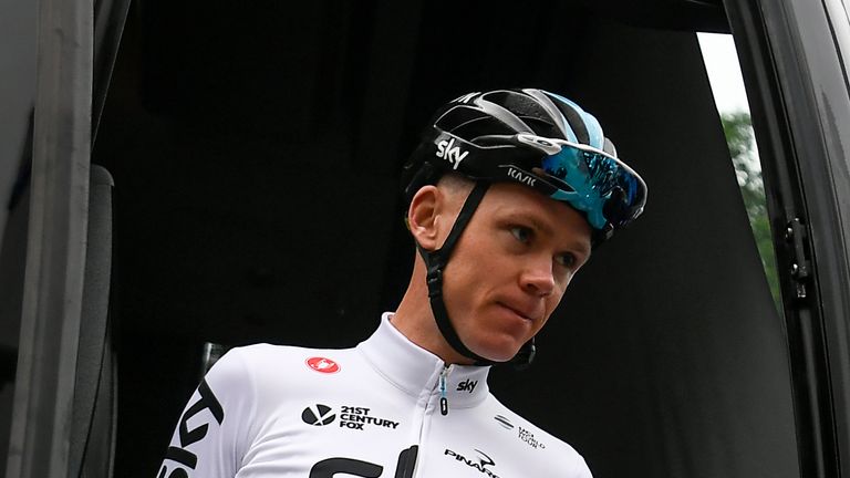 Great Britain's Christopher Froome leaves the team bus to take part in a training session of the Great Britain's Sky cycling team in Dusseldorf, Germany, o