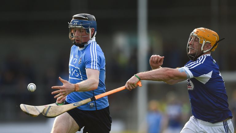 Cian O'Sullivan of Dublin in action against Cahir Healy of Laois during the GAA Hurling All-Ireland Senior Championship Round 1 match