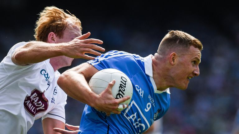 Ciaran Kilkenny of Dublin in action against Keith Cribbin of Kildare during the Leinster senior football final match